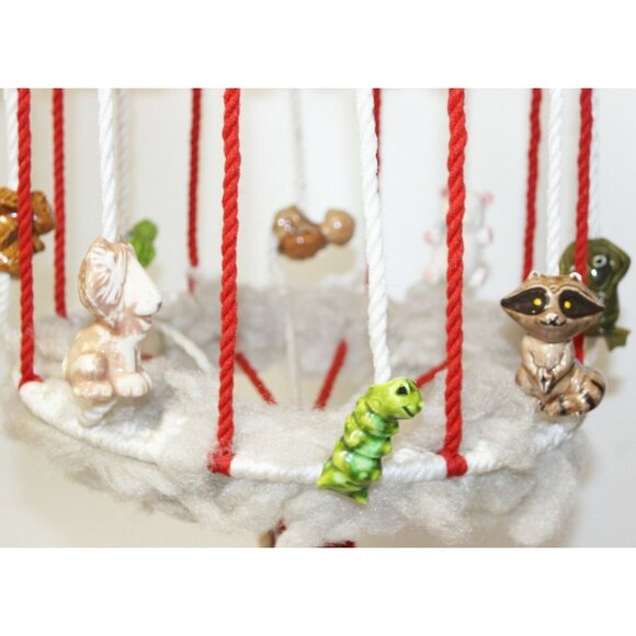 Vtg 60 Macrame Plant Holder Red/white Circus Ceramic Animal Beads Merry Go Round - Picture 5 of 8